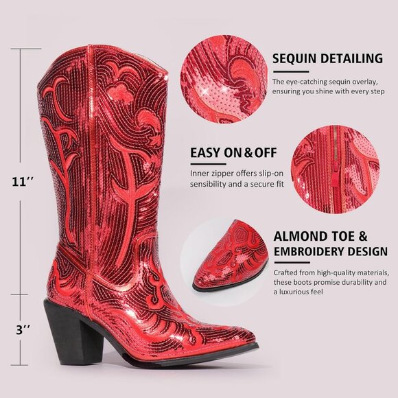 Women's Sequin Red Fashion Western Zipper Pointed Toe Embroidered Boots - Picture 5 of 6